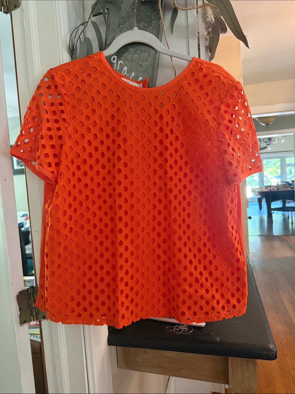 Tory Burch Bright Orange Short-Sleeve Eyelet Top